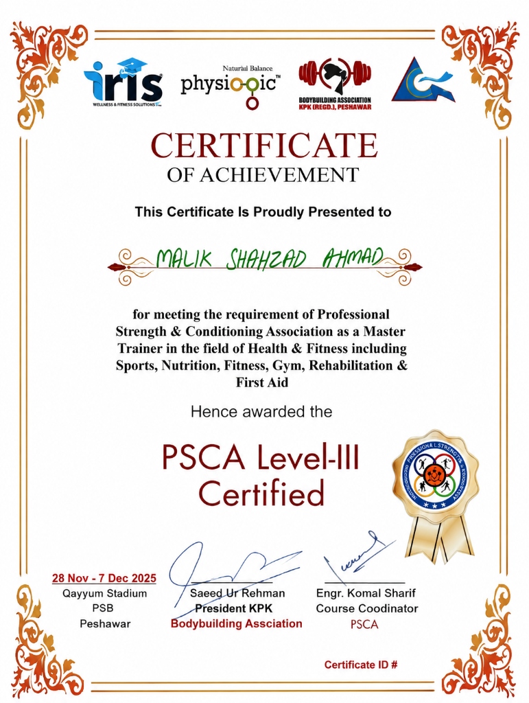 Malik Shahzad Ahmad - PSCA Level-III Certified Certificate of Achievement
