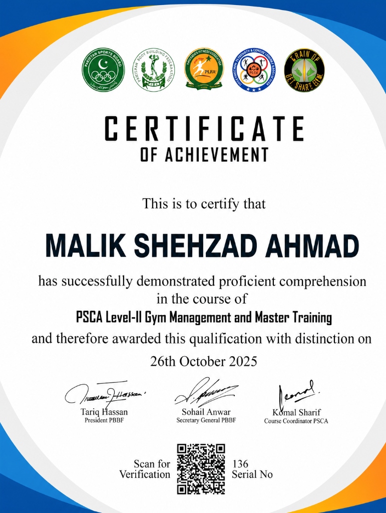 Malik Shehzad Ahmad - PSCA Level-II Gym Management and Master Training