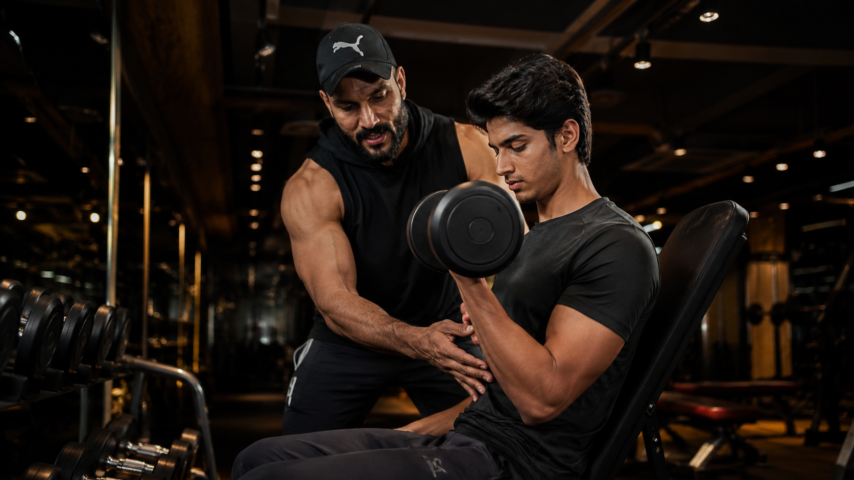 Coach Shahzad guiding a member on dumbbell curls at Shahzad Fitness Gym